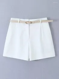 Kvinnors shorts kvinnor bälte ficka hög midja fast färg bred ben front blixtlås sommar mode kvinnlig streetwear casual wear