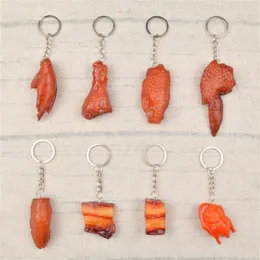 키 체인 크리에이티브 시뮬레이션 음식 키 체인 PVC 모델 소프트 접착제 가짜 찐 돼지 고기 돼지 껍질 로스트 치킨 날개 키 체인 가방 펜던트 보석