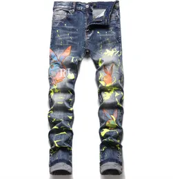 Jeans de novo jeans de alta qualidade de impressão angustiada de motocicleta jeans riturada risada de buraco rasgado 2023