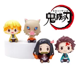 Figuras de brinquedo de ação 4pcsset 5cm Anime Figura Slayer Demônio Kimono Oiran Altera o formato da cabeça em pé na versão Tanjirou Toy Gift Model PVC 230814