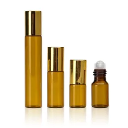 AMBER 3ML 5ML 10ML لفة على زجاجة مع كرة قدم من الفولاذ المقاوم للصدأ كرة رولون زجاجة أساسية الزيت العطر غطاء ذهبي DIMBH