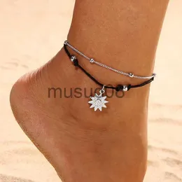 Anklets S014 Vintage Boho Multi Layer Pärlor Ankletter For Women Fashion Sun Pendent Anklet Handmade Chain Foot Party Jewel Ben Belett J230815