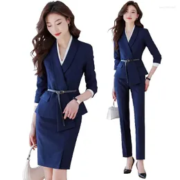 Zweiteilige Kleider hochwertiger Herbst Herbst Womens Bleistift Rock Blazer -Sets mit Gürteloutfits weibliche Business Office Ladies Arbeit Jacke Anzug