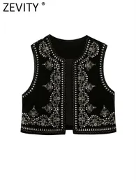 Gilet da donna Zevity Donna Vintage O Collo Paillettes Fiore Ricamo Gilet corto Giacca da donna Senza maniche Casual Gilet in velluto Top CT3020 230815