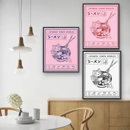 Tela ramen giapponese dipingendo poster di cartoni animati di gatti animali e stampe da parete noodles cibo per bambini decorazione sala da pranzo per casa wo6