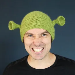 Beanieskull Caps Ohmmayby ​​2023 Canavar Shrek Şapka Yün Kış Örme Şapkalar Yeşil Partisi Komik Beanie Kafatalar Kapağı Kadınlar İçin Saf El Yapımı 230814