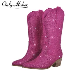 Boots Onlymaker Women Rosy Red Knee High Bling Glitter Bling Shiny Toe Tee CHEEL CHEL CHEL