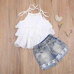 Clothing Sets 2-7Y Summer Kids Baby Girl Clothing Fashion New White Solid Sleeveless Layered Pearls Chiffon Top Vest+Flower Denim Shorts R230815