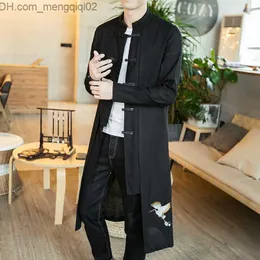 Мужская куртка мужская льняная вышивка из крана и кимоно винтажная длинная юбка Куртка в китайском стиле свободная подгонка мужская уличная одежда Z230816