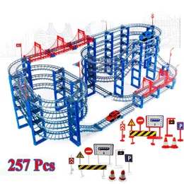 다이 캐스트 모델 자동차 257pcs DIY 트랙 자동차 다이아스 캐스트 장난감 차량 도로 도로 조립 교육 장난감 230814