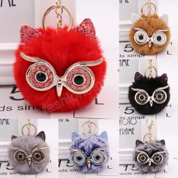 New Cute Fluffy Rabbit Fur Owl Pompom Ball Animal Glasses Keychain Keyring Car Key Ring Charm Women Bag Pendant Decorative