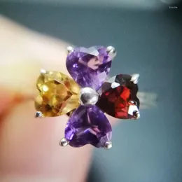 Ringos de cluster natural real Garnet Amethyst Ring Citrine Love Heart Flower Style 925 Sterling Silver 0.35ct 4pcs Gemstone C981807