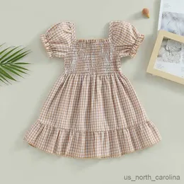 Girl's Dresses Summer Baby Girl Short Sleeve Ruffles Dress Casual Kids Cotton Linen Plaid A-line Dresses Children Clothing R230815