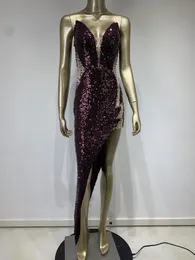 Casual Dresses Women Summer Fashion Sexy Strapless Open Back Purple Sequins Tight Irregular Leg Dress Formal Banquet Party Evening