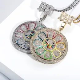 Anhänger Halsketten Hip Hop AAA CZ Stein asphaltiert Bling vereisen rotatable Spin 69 Sonnenblume runde Anhänger Halsketten für Männer Rapper Schmuck Geschenk 230815