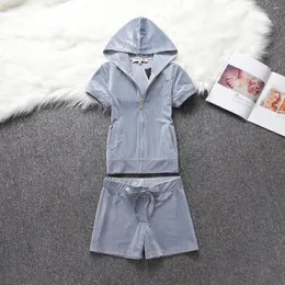 Women's Tracksuits Summer Outfits For Women 2023 Short Sleeved Hoodie And Shorts Two-piece Set Girl's Silver Wire Pit Strip JC Sweatshirt