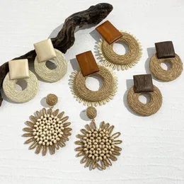 Dangle Ohrringe Aensoa handgefertigtes Rattan geflochtener Holz für Frauen böhmisch ethnisch geometrischer Kreis Sommer Beach Schmuck 2023