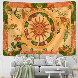 Tapestries Retro Burning Sun Tapestry Wall Hanging Vine Hippie Mystery Room Artist Home Decor R230815