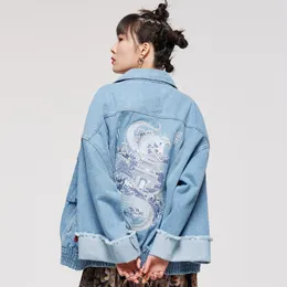 Damen Jackets Messbonwe bestickte Jeansjacke Frauen große Drachen Oper Denim Wrap Ultraloose Denim Coats Einzigartige Jacken 100% Baumwolle 230815