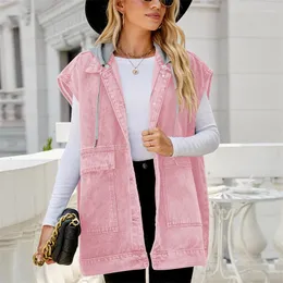 Giubbotti da donna donna casual rosa sciolte di denim serbatoio con cappuccio 2023 ragazze autunno giacca senza maniche oversize