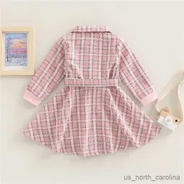 Girl's Dresses 2-7Y Kids Girls Autumn Clothes Girls Casual Dress and Waistband Pink Plaid Long Sleeve Button-down Collared Princess Dress R230815