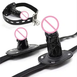 Sex Toy Massager Silicone Penis Plug Dildos Open Mouth Gag with Locking Buckles Leather Harness Bondage Bdsm Slave for Couple Adult Game