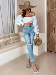 Jeans femininos rasgou detalhes mamãe de cintura alta para mulheres moda calça de jeans larga de jeans larga calças femininas casuais