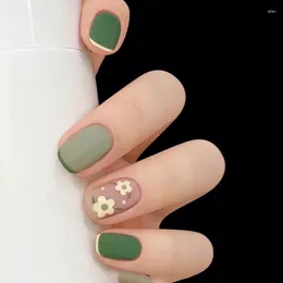 False Nails 24pcs Cute Green Short Flower Design francese Arte Falsa Copertura completa Funta fulx rimovibile Pressa su unghie