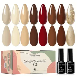 Conjunto de esmaltes em gel - 8 cores de café vermelho de café marrom marrom molho de molho de molho de gel com casaco de base e casaco brilhante, presentes populares para as unhas para mulheres DIY