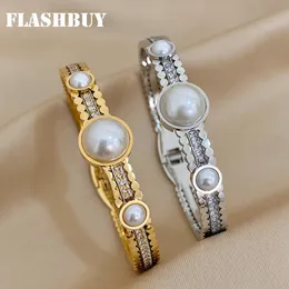 Bangle Flashbuy Trendy Chic Zircon Pearl Aço inoxidável pulseiras de aço para mulheres charme 18k Plate Jewelry Gift 230814