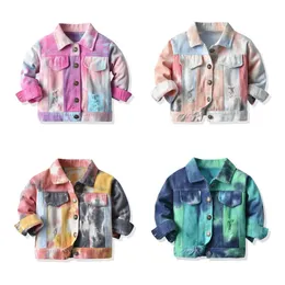 Jackor barn pojkar flickor långärmad denim jacka barn tiedye colorfu kappa singelbröst fjäder trasig stil 17 år rippad 230814