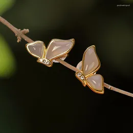 Stud Earrings S925 Sterling Silver Gold-plated Natural Hetian Purple Jade Butterfly Small And Exquisite Female Style