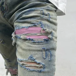 Мужские джинсы качество качество Los Hombres Мужские лоскутные изделия разорванные сложенные личности High Street Blue Patch Slim