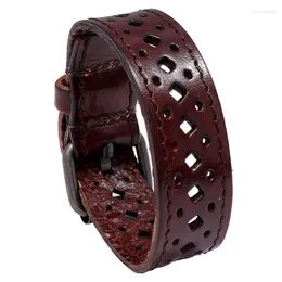 Pulseira de pulseira de couro genuíno manguito largo de couro pulseiras machos machos de estilo punk hollow out jóias de pulseira pequenos presentes