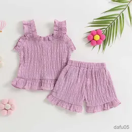 Clothing Sets Years Baby Girls Summer Clothes Solid Color Ruffled Flower Tank Tops and Elastic Shorts Outfit Baby Clothing Set R230815