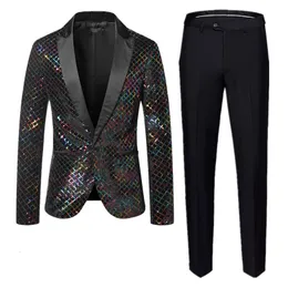 Suits Men Suits Blazer Pant Fashion Men Cuit 2 -Place Gold Silver 2023 Luksusowa impreza sceniczna Plaid Lose Sukienka Zestaw 230815