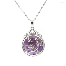 Anhänger Halsketten Fyjs einzigartige silberne plattierte chinesische Drachenpackung Hollow Amethysts Steinverbindungskette Halskette Inspiration Schmuck Schmuck