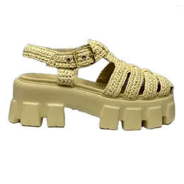 Straw Lafite Women Sandals Summer 2024 Weave Platform Thick Sole Roman Shoes Fashion Round Toe Buckle 93