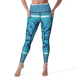 Leggings femminile pantaloni da yoga degli occhi greci pantaloni malvagi mati mataki su cimpelli sportivi di moda blu cielo che gestisce legins