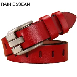 Belts RAINIE SEAN Red Women Belt Pin Buckle Real Leather Belts for Jeans Genuine Leather Cowskin High Quality Solid Ladies Belt 110cm 230814