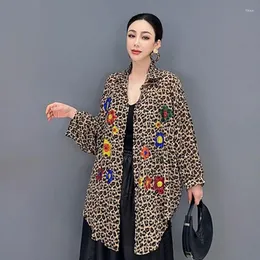 Kadın ceketleri şık yaz sonbahar leopar gömlek polo yaka uzun kollu bluz gündelik ince openstitch hırka camisa de leopardo para