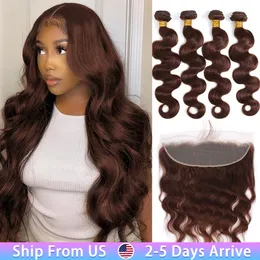 Brown Human Hair Bundles with Closure Colored Brazilian Body Wave 3/4 Bundles with Lace Frontal Closure Extensions for Women
