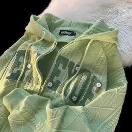 Felpa con cappuccio maschile con felpa con cappuccio americano verde americano giacca studentesca vintage stampato maglione sciolto di cardigan y2k zip harajuku felpa con cappuccio Z230815