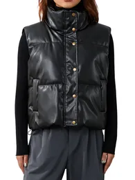 Women s Vests Zip Up winter vest for women Black Coat Mock Neck Tops Winter Casual Stand Collar PU Leather Coats Female Ladies 230815