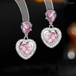 Kolczyki Dangle Charm żeńska urocza różowa kryształowy wielki serce kropla dla kobiet ślub srebrny biżuteria