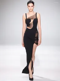 Casual Dresses BEVENCCEL Sexy Summer Women's Black Mesh Patchwork Split Long Bandage Dress Elegant Sleeveless Slim Party Club 2023