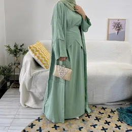 Roupas étnicas Muslim Eid Islâmico 3 peças Conjunto para mulheres modestas maxi vestido embrulhado saia sólida aberta kaftan dubai abaya turco