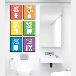 Regras de lavar e usar uso do banheiro de vestuário Pintura de desenhos animados de banheiros Posters de cores e impressões Arte da parede para a decoração do banheiro do banheiro infantil WO6