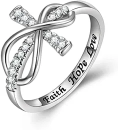 Gioielli ispiratori 925 Sterling Silver Inciso Faith Hope Love Cubic Zirconia Cross Infinity Ring, taglia 5-10