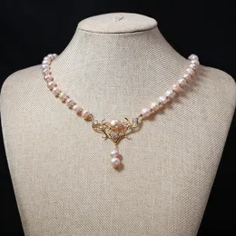 Hänghalsband naturliga sötvatten pärlhalsband rosa rund form utsökta tillbehör personlighet flickor bröllop fest smycken 230816